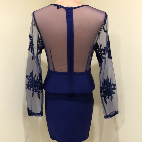 SOLD Fashion Nova Blue Mesh Floral Lace Plunge Low Cut Bodycon Dress Size XL - Picture 4 of 9